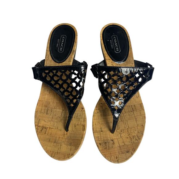 Coach Women's Brook Black Patent Leather Signature C Cork Wedge Sandals Size 10 - Picture 1 of 7